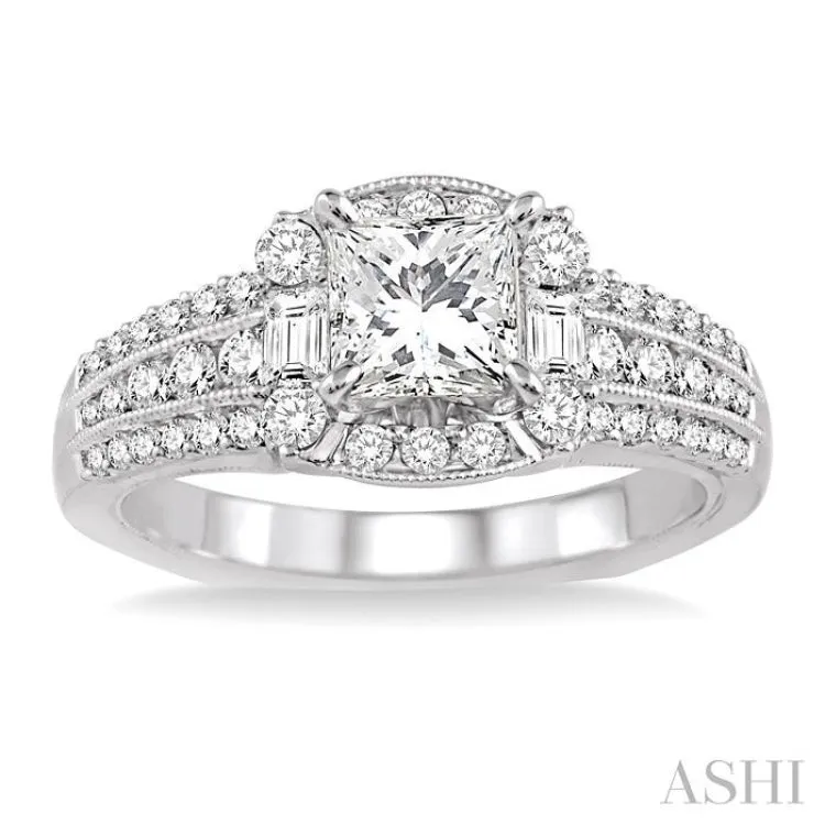 1 1/2 Ctw Diamond Engagement Ring with 3/4 Ct Princess Cut Center Stone in 14K White Gold