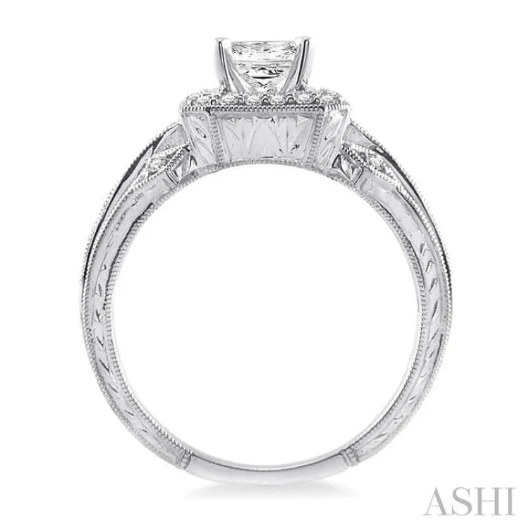 1 Ctw Diamond Engagement Ring with 1/2 Ct Princess Cut Center Stone in 14K White Gold