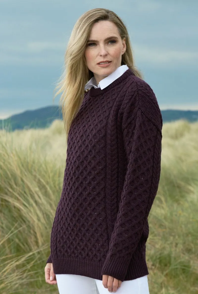 Aran Crew Neck Merino Sweater | Damson