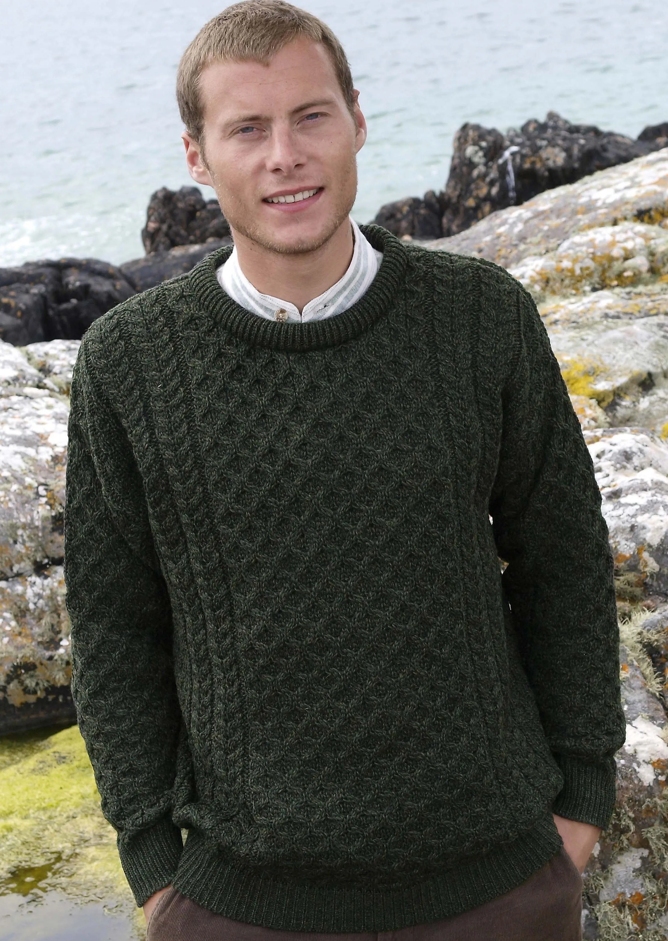 Aran Crew Neck Merino Sweater | Green