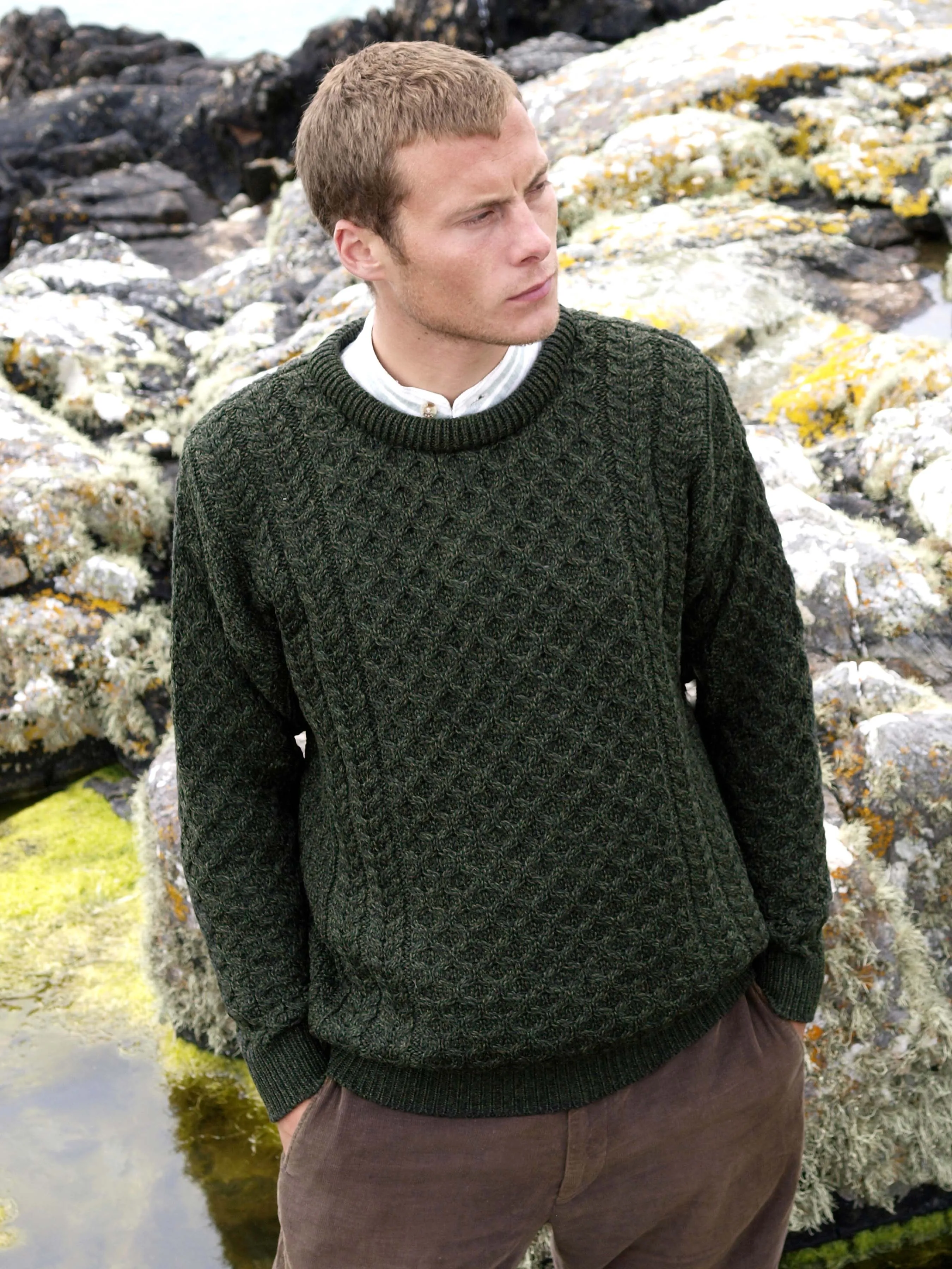 Aran Crew Neck Merino Sweater | Green