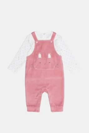 Babies Pink And White Dungaree Set (2 Piece)