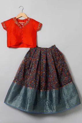 Chittythalli Traditional Pavadai Set V Neck short sleeve top with Box pleated Skirt - Orange & Grey - PS38