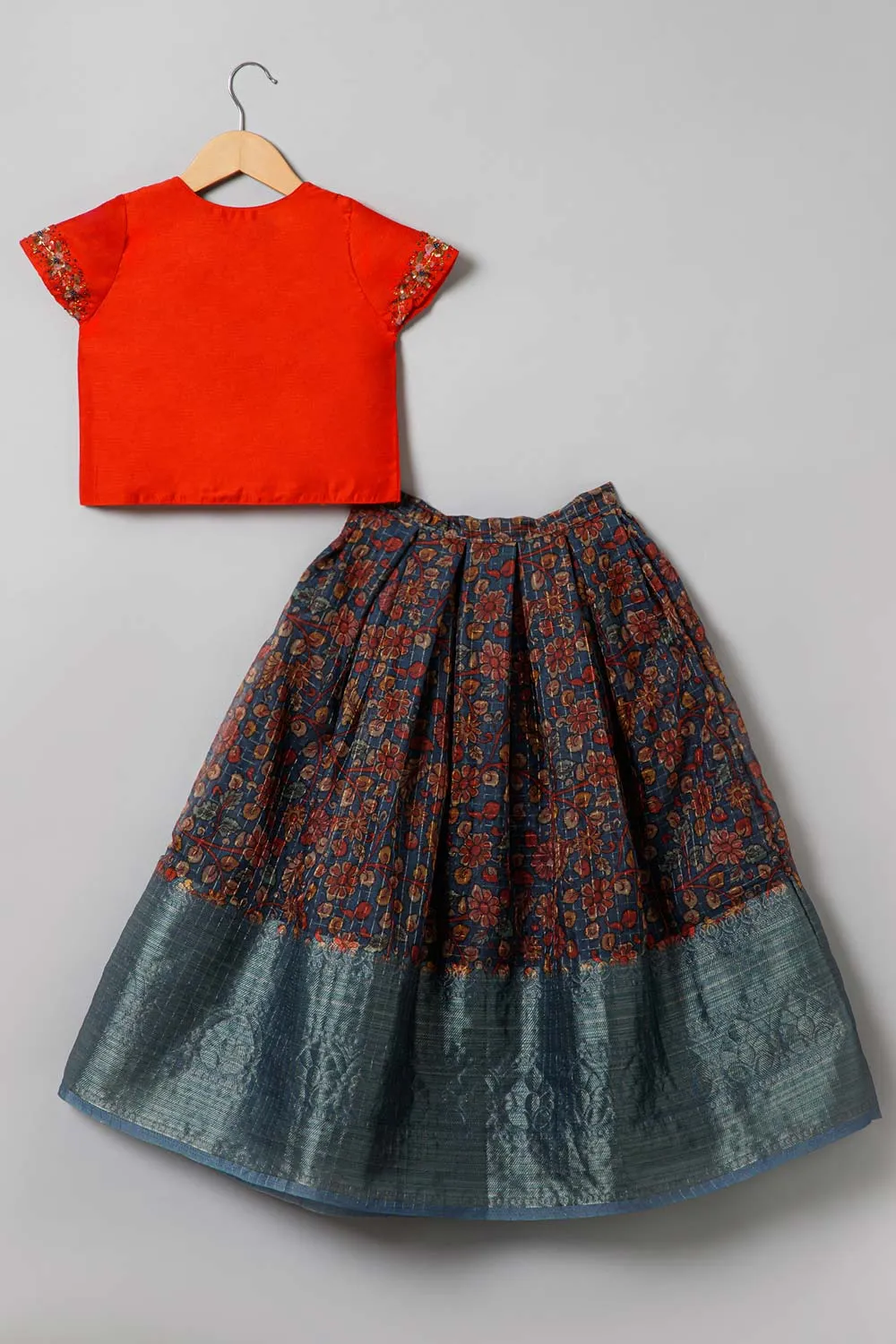 Chittythalli Traditional Pavadai Set V Neck short sleeve top with Box pleated Skirt - Orange & Grey - PS38