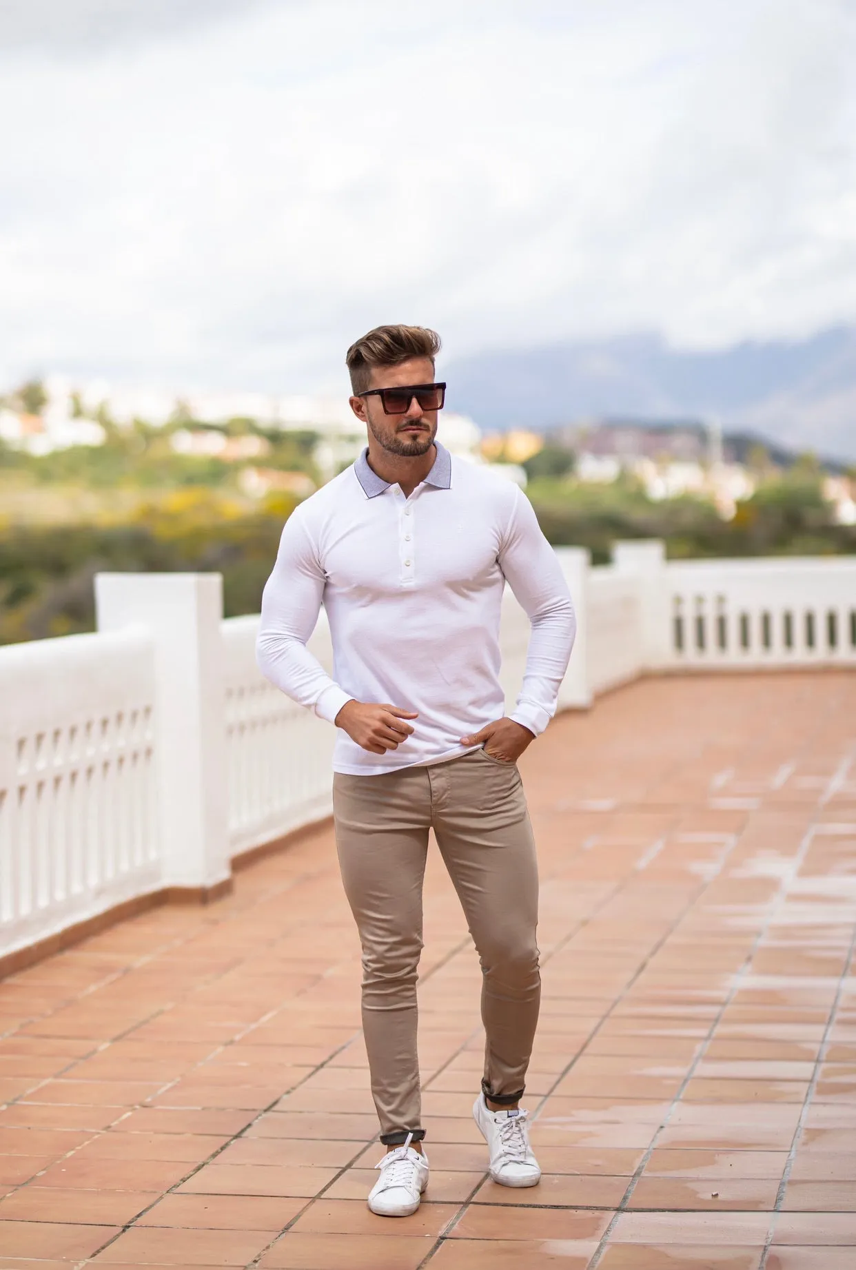 Father Sons Classic White Honeycomb Textured Polo Shirt with Contrast Collar Long Sleeve  - FSH423