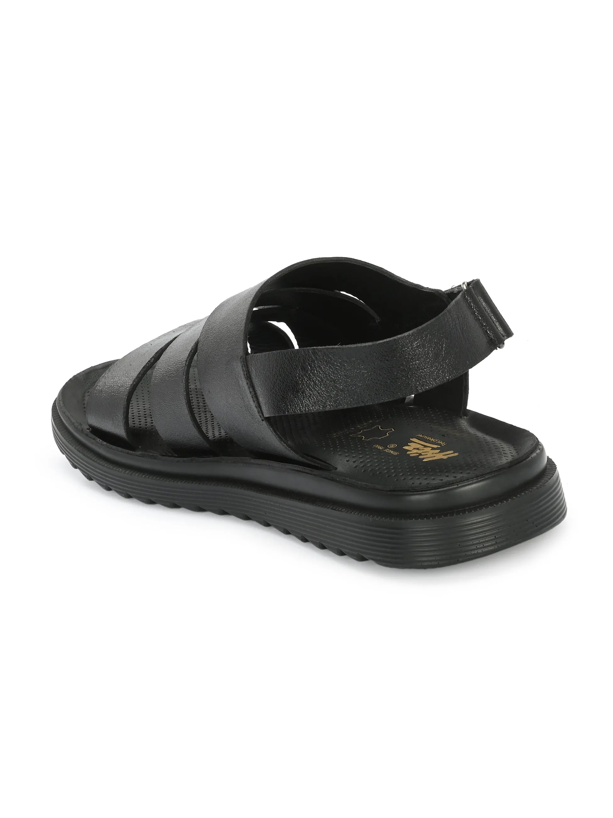 Hitz Men's Black Leather Open Toe Comfort Sandals with Velcro Closure