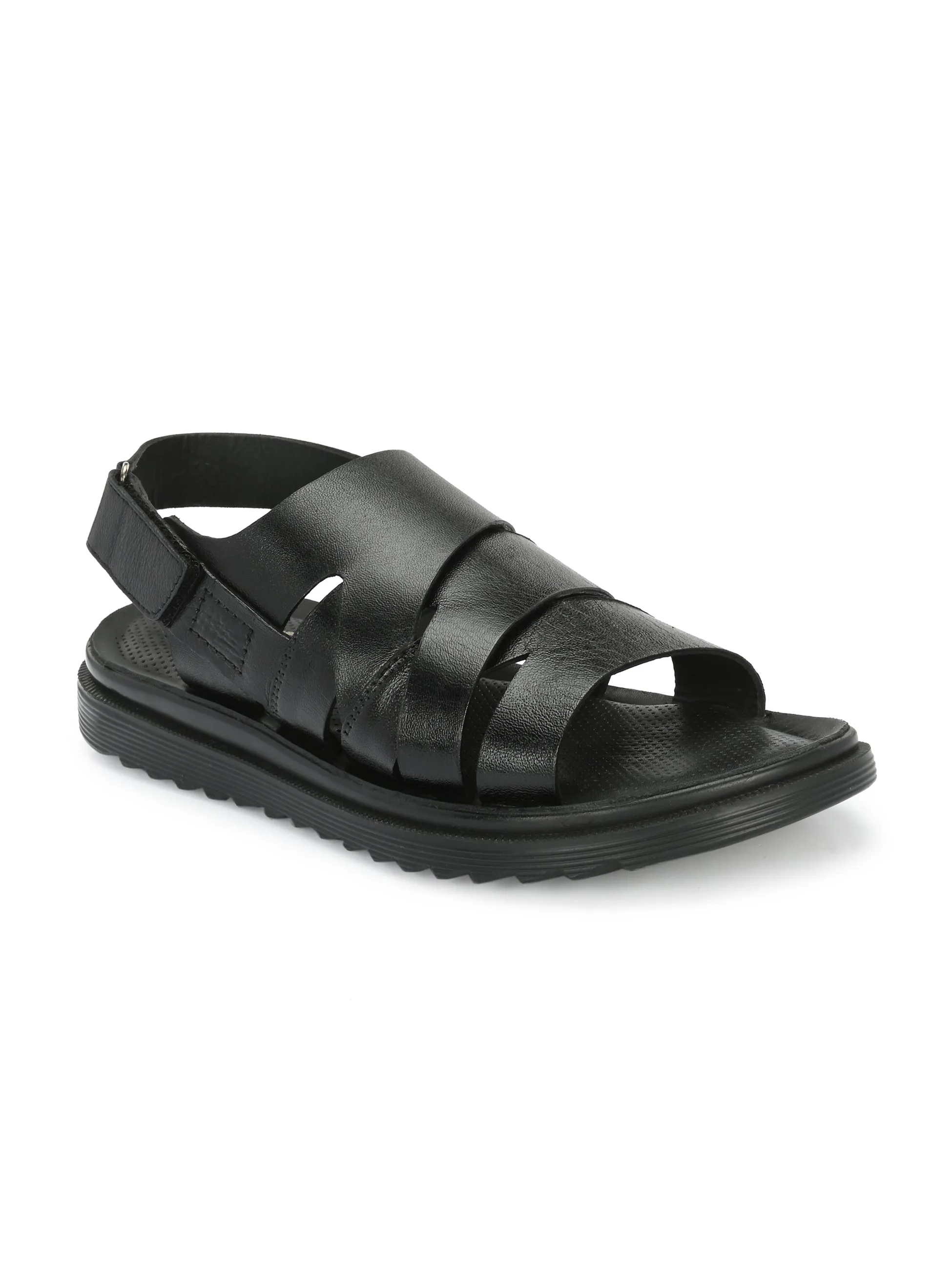 Hitz Men's Black Leather Open Toe Comfort Sandals with Velcro Closure