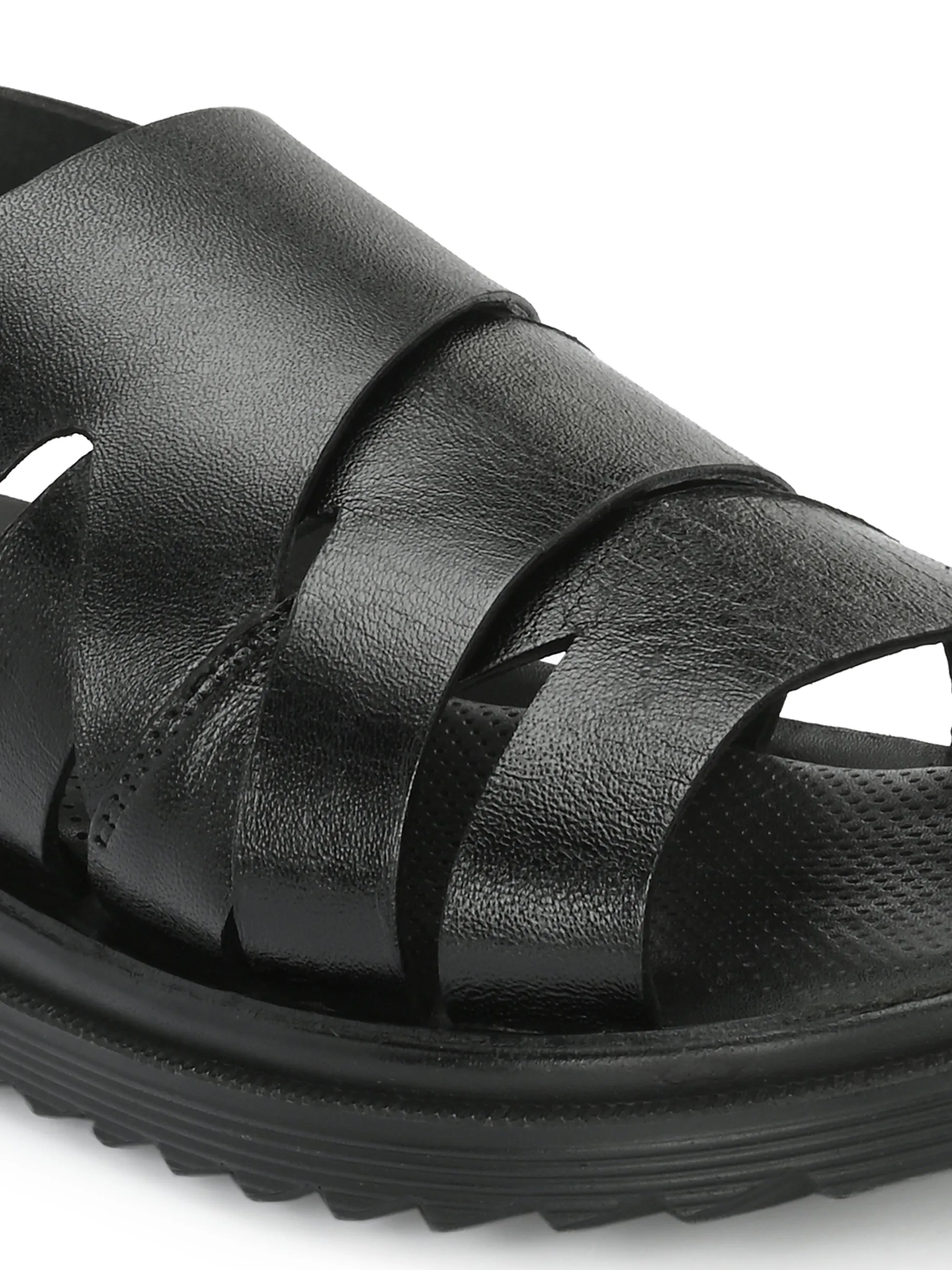 Hitz Men's Black Leather Open Toe Comfort Sandals with Velcro Closure