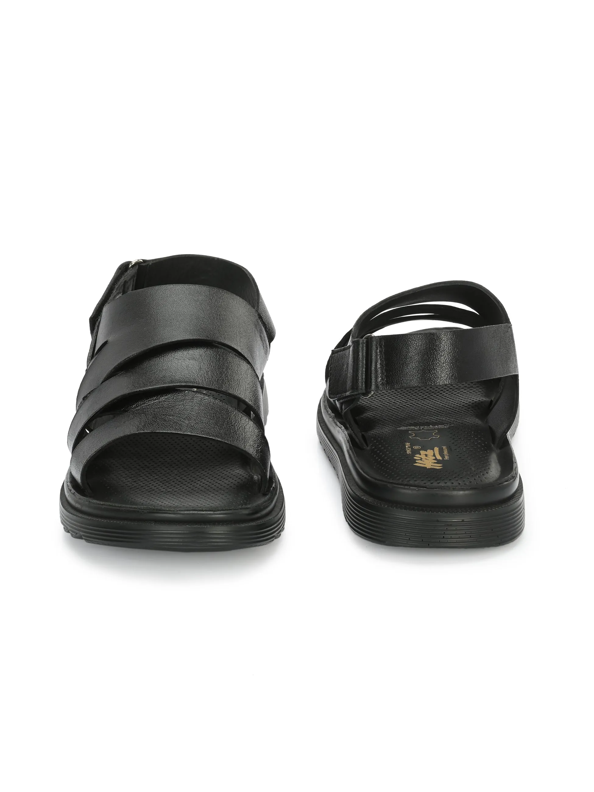 Hitz Men's Black Leather Open Toe Comfort Sandals with Velcro Closure