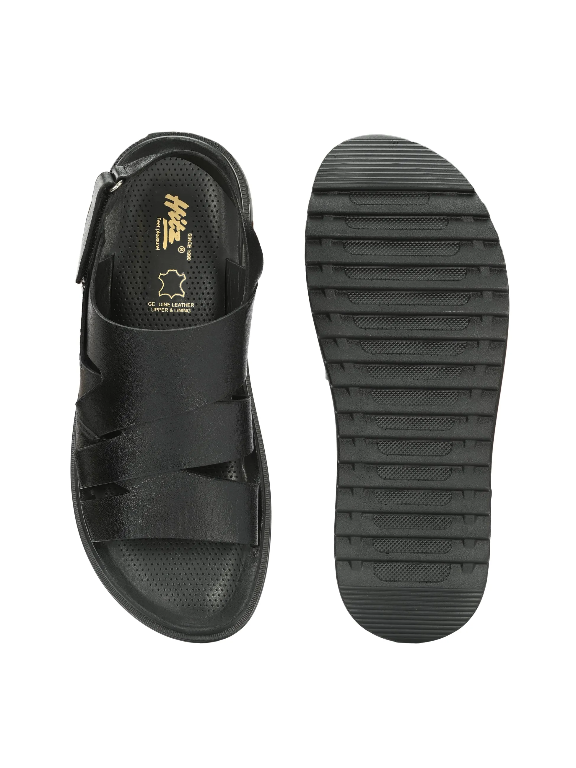 Hitz Men's Black Leather Open Toe Comfort Sandals with Velcro Closure