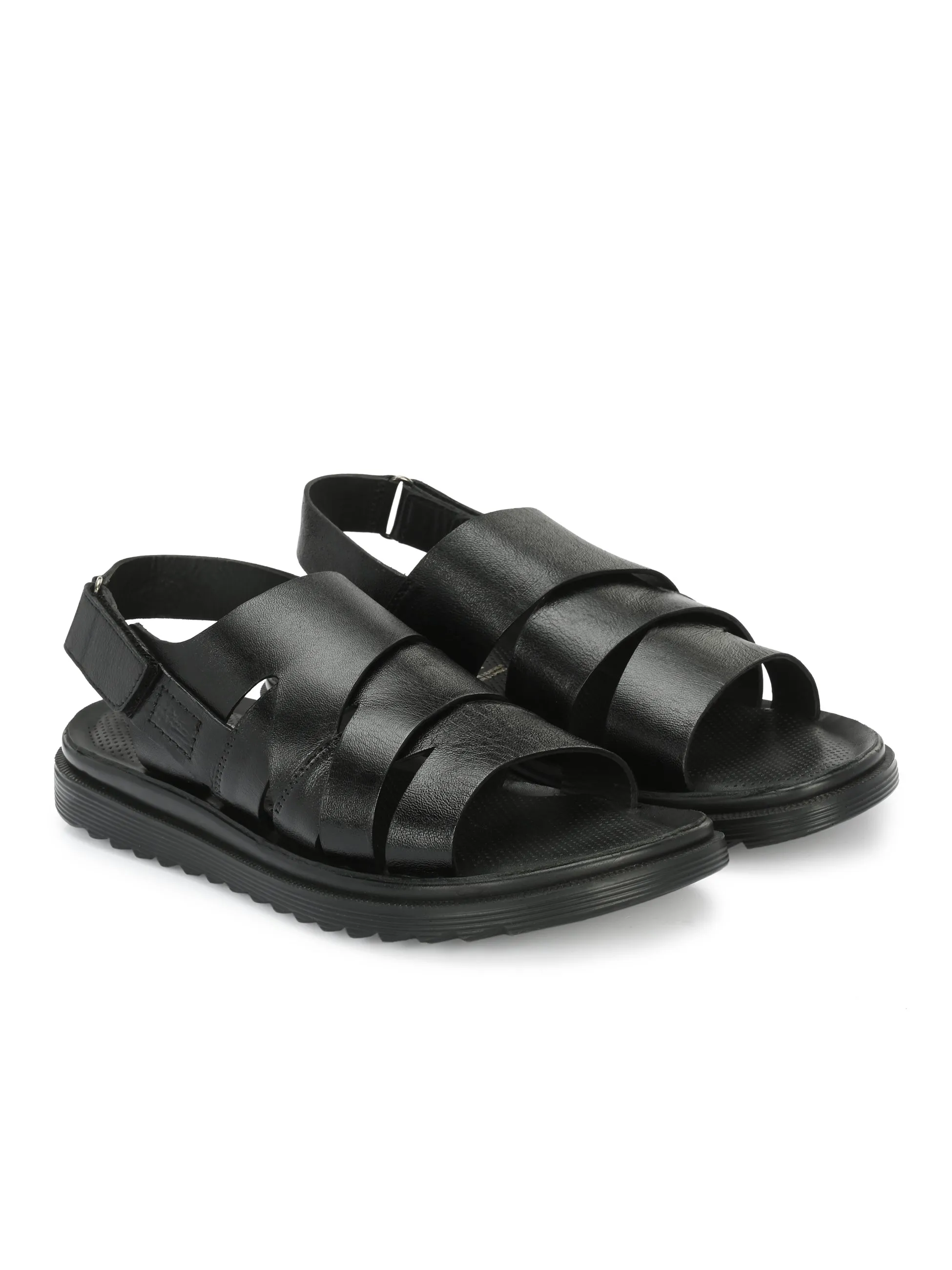 Hitz Men's Black Leather Open Toe Comfort Sandals with Velcro Closure