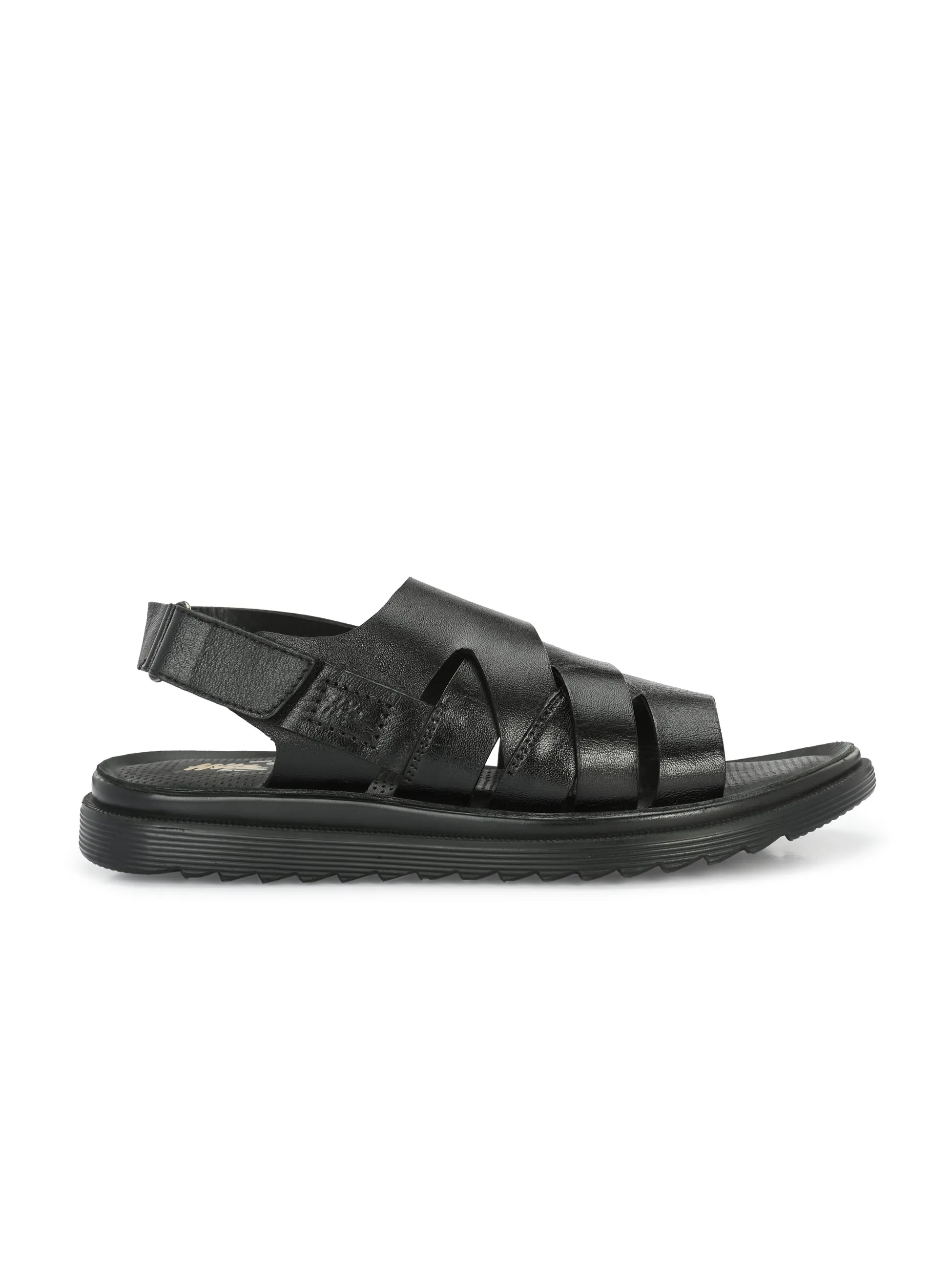 Hitz Men's Black Leather Open Toe Comfort Sandals with Velcro Closure