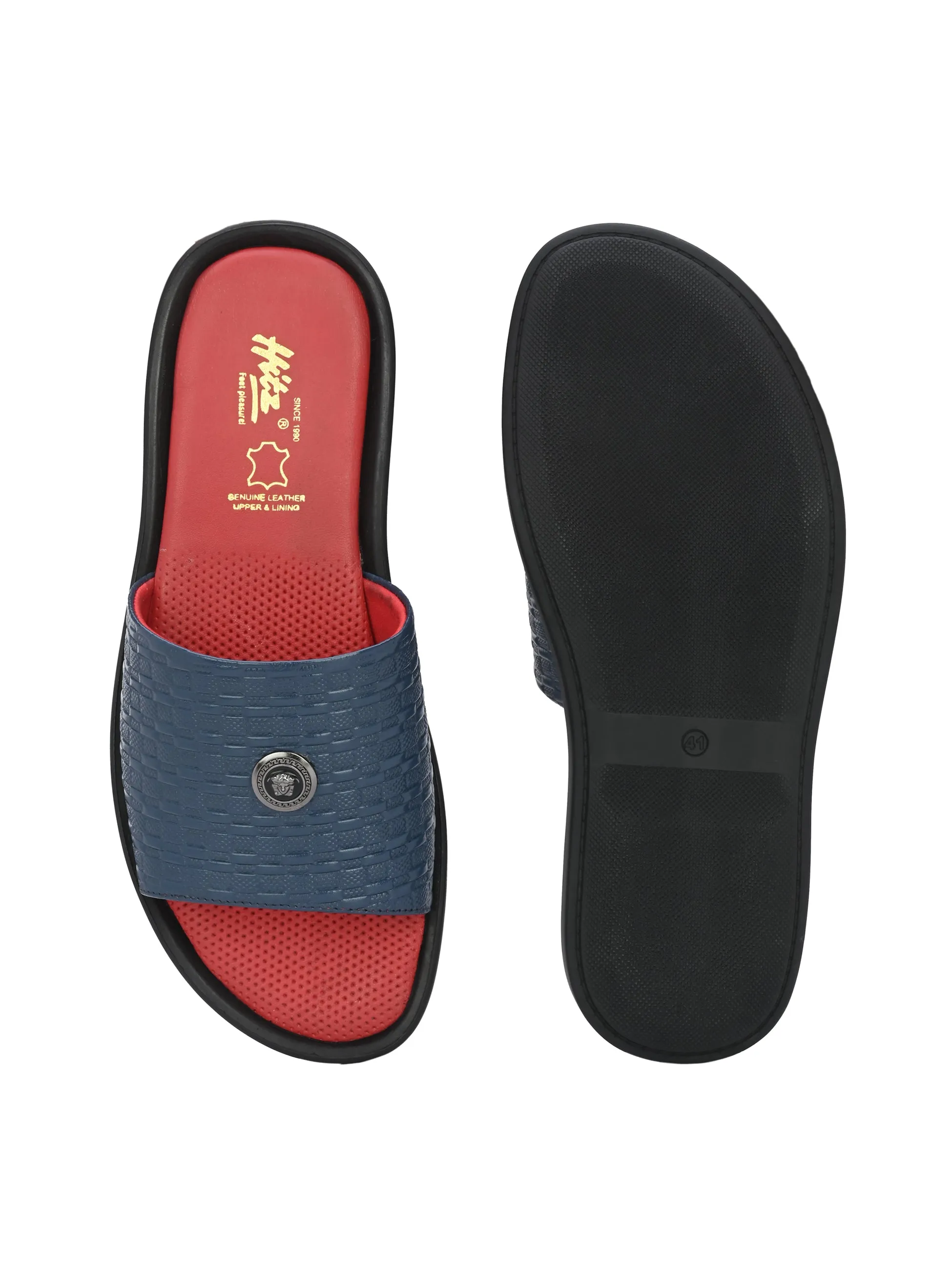 Hitz Men's Blue Leather Open Toe Slippers