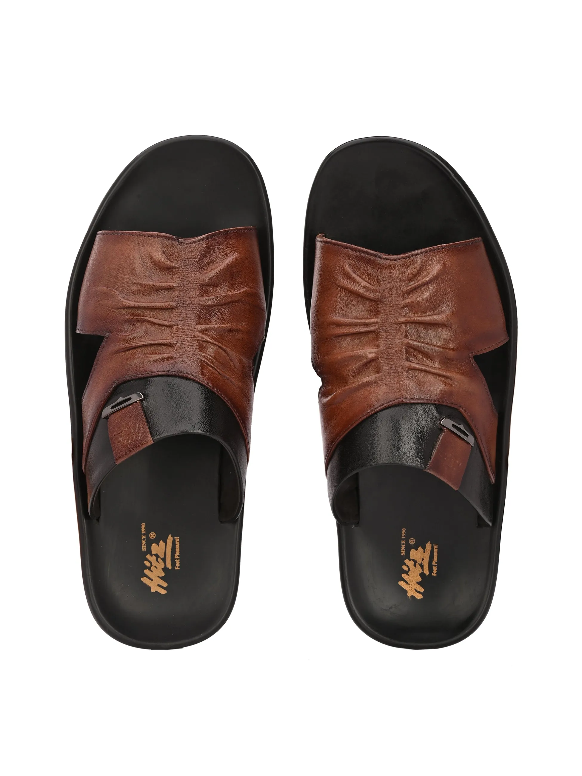 Hitz Men's Brown Leather Open Toe Slippers