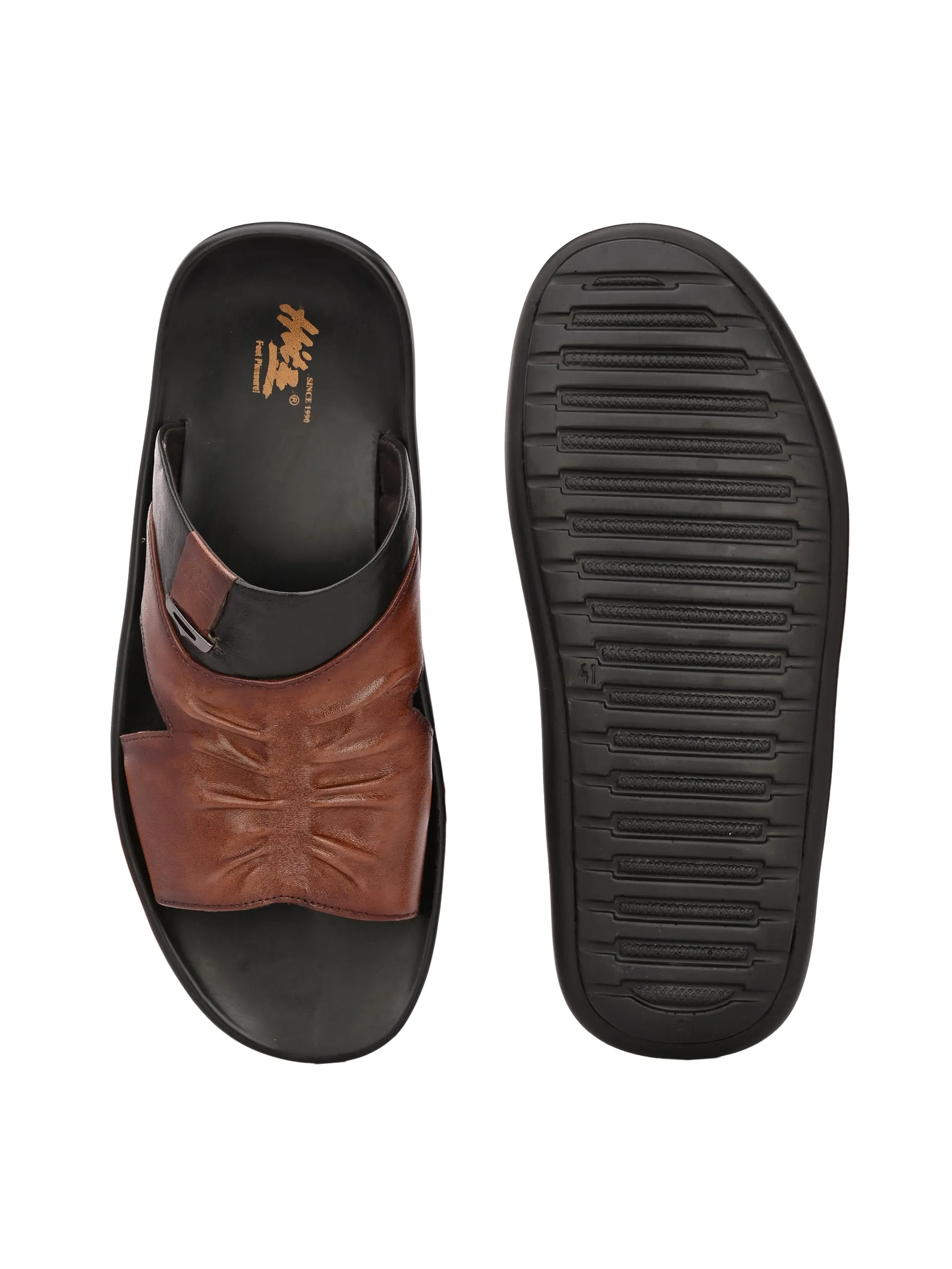 Hitz Men's Brown Leather Open Toe Slippers