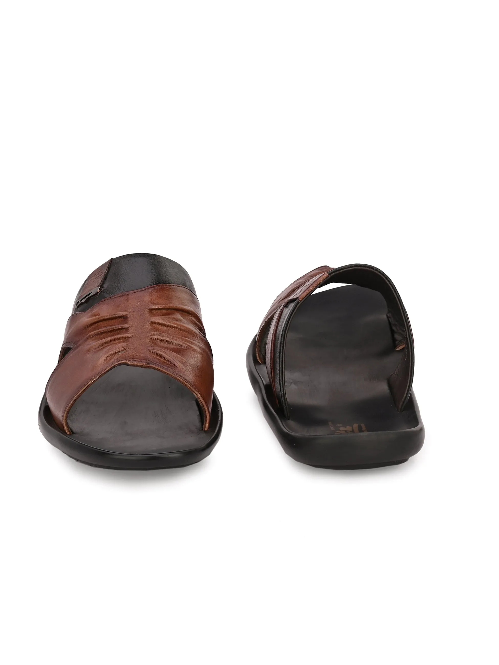 Hitz Men's Brown Leather Open Toe Slippers