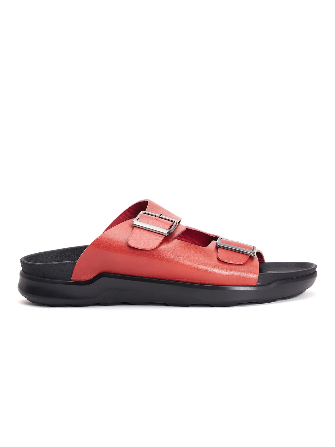 Hitz Men's Red Leather Open Toe Slippers