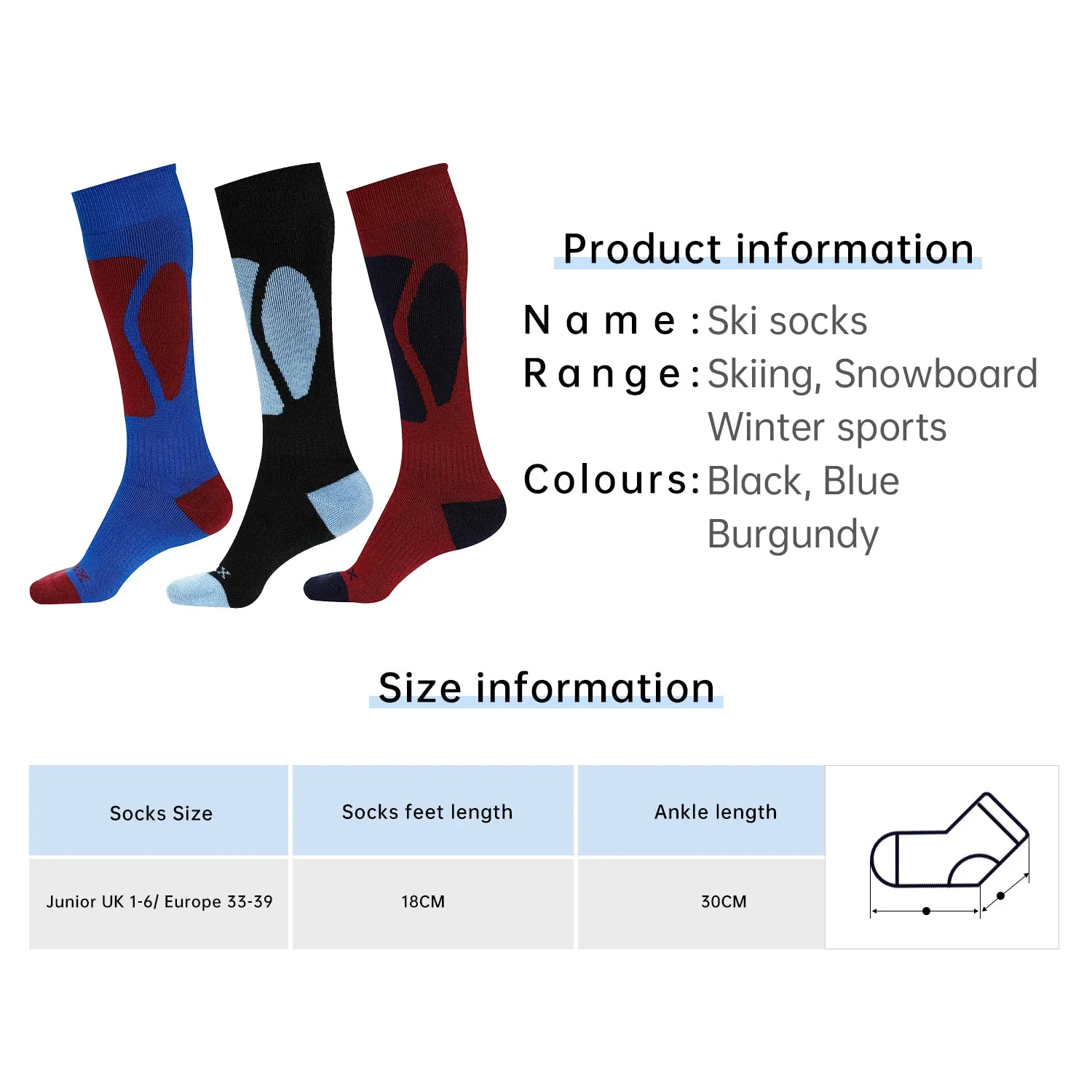 Laulax 3 Pairs Boys Cashmere-Like Long Hose Winter Sports Ski Socks Gift Set, Size Junior 1-6, Black, Blue, Burgundy