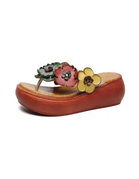 Retro Flower Wedge Flip Flops Summer Slippers