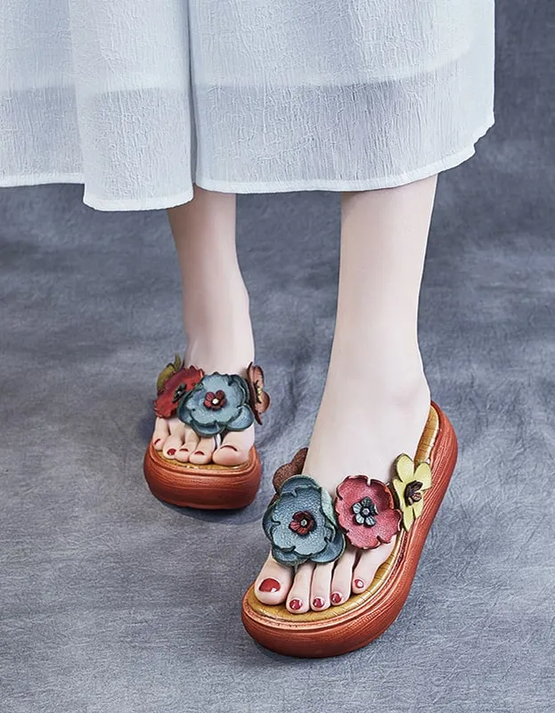 Retro Flower Wedge Flip Flops Summer Slippers