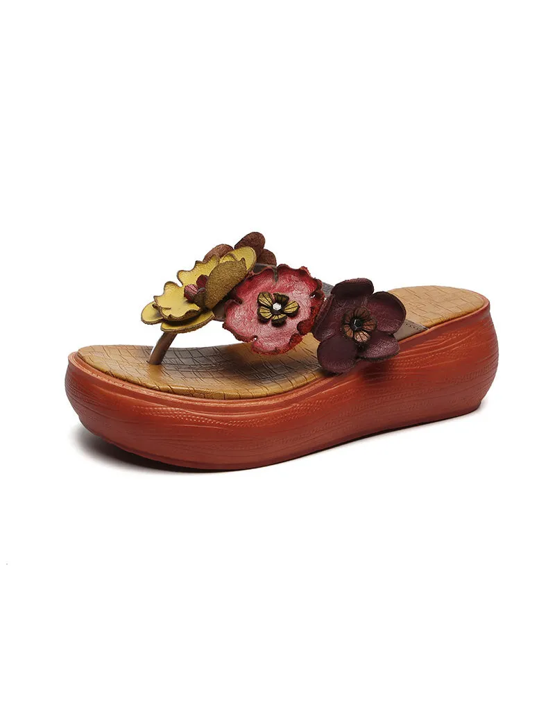 Retro Flower Wedge Flip Flops Summer Slippers